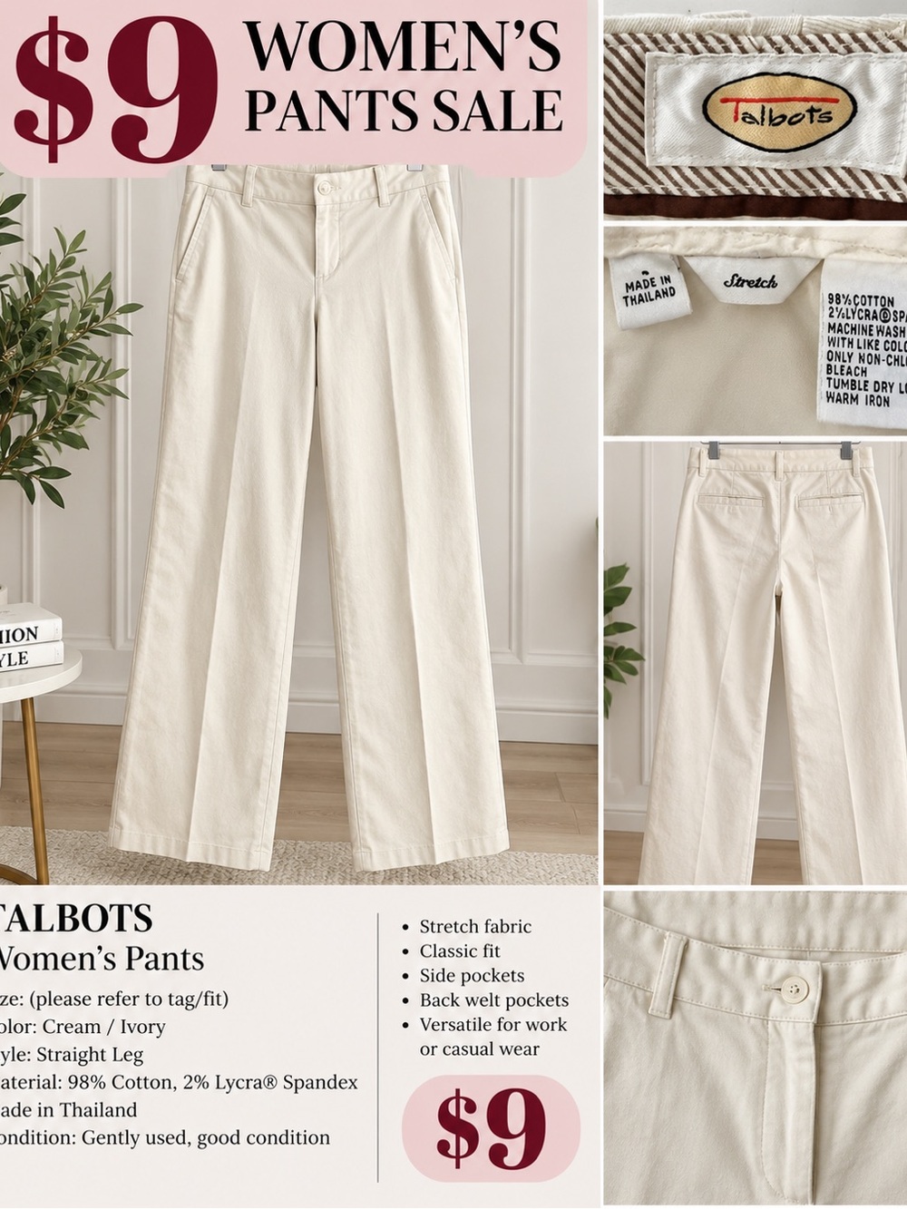 Talbots Cream/Ivory Straight-Leg Women's Pants